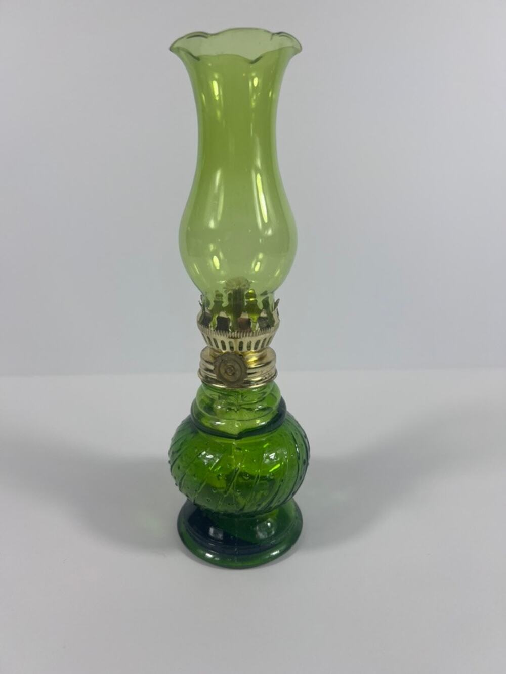 Vintage Miniature Green Glass Oil Lamp Mid-Century Decorative Parlor Lamp